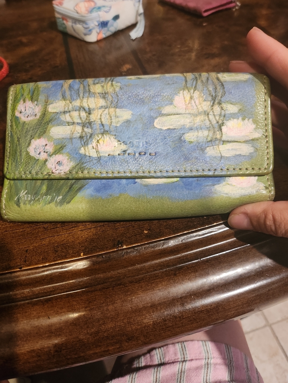 Fossil leather wallet hand painted and signed